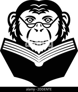 Mascot illustration of head of a noble chimpanzee, chimp, monkey, primate or ape wearing glasses reading a book viewed from front on isolated backgrou Stock Vector