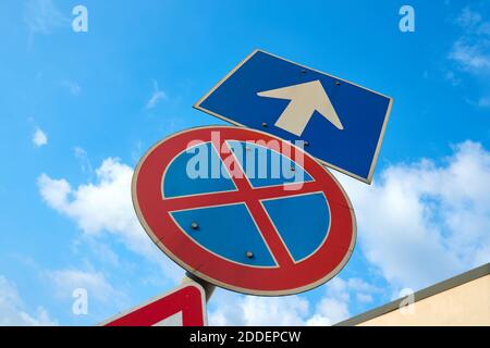 One way street no stopping traffic sign Stock Photo