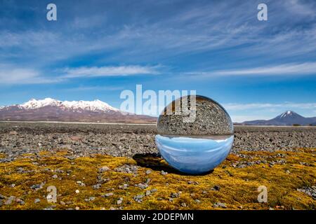 The Central Plateau snow capped volcanoes in the Desert road reflected in a crystal ball sitting on some yellow moss at the side of State Highway one Stock Photo