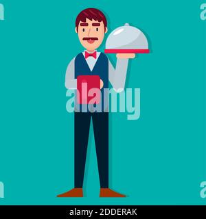 waiter holding serving platter with dome vector illustration in flat style Stock Vector