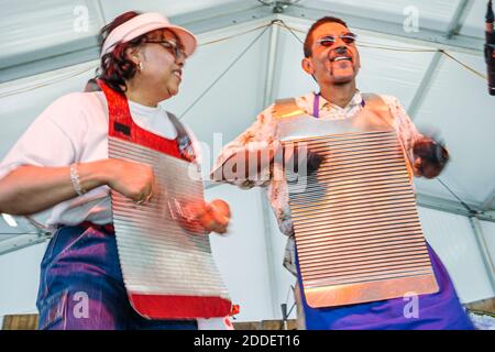 Florida Ft. Fort Lauderdale Cajun Zydeco Crawfish Festival,celebration fair event husband wife washboard frottoir musicians play playing, Stock Photo