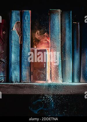 Door into summer on a frozen bookshelf, escape and hope concept, magical still life Stock Photo