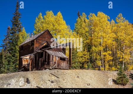 Remnant of an old mine in autumn, Red Mountain, Ouray County, San Juan Mountains, Colorado Stock Photo