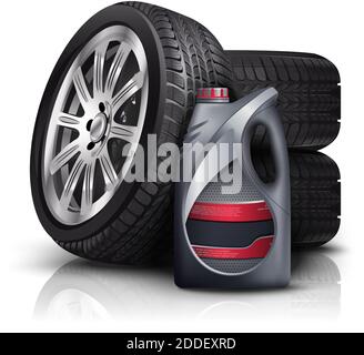 3d realistic vector icon illustration of car tiers together with car oil plastic bottle. Isolated on white background. Stock Vector