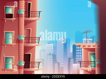 Vector cartoon style of building facade in side view with balconies and skyscrapers on the background. Multi storied building with windows and doors, Stock Vector