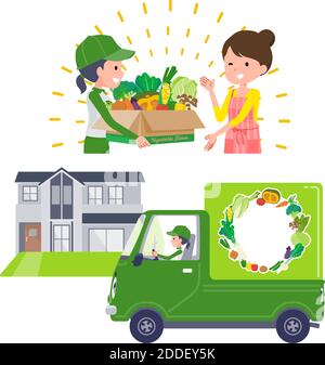 It is a scene where vegetables are delivered to customers.Vector art that is easy to edit. Stock Vector