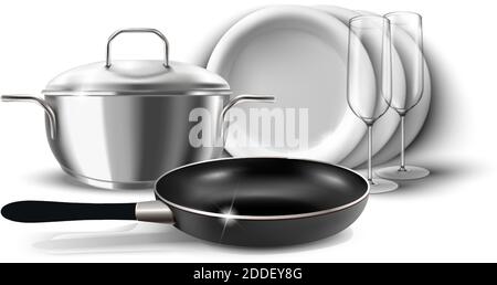 3d realistic vector icon illustration of kitchen dishes, pan and pot with a cover. Isolated on white background. Stock Vector