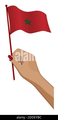 Female hand gently holds small morocco flag. Holiday design element. Cartoon vector on white background Stock Vector