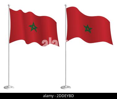 morocco flag on flagpole waving in wind. Holiday design element. Checkpoint for map symbols. Isolated vector on white background Stock Vector