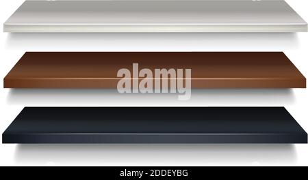 3d realistic vector wooden shelf in brown and black, white color in perspective. Stock Vector