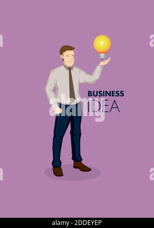 Cartoon business professional with incandescent light bulb on hand. Vector illustration for business idea concept isolated on purple background. Stock Vector