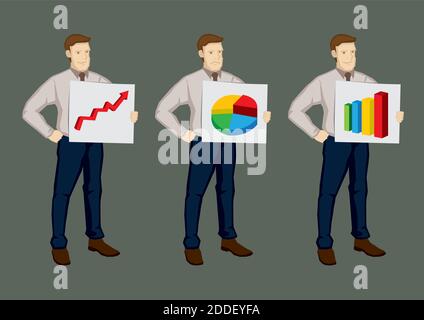 Vector illustration of a set of  of three business professionals holding signs showing a line chart, pie chart and bar chart isolated on plain backgro Stock Vector
