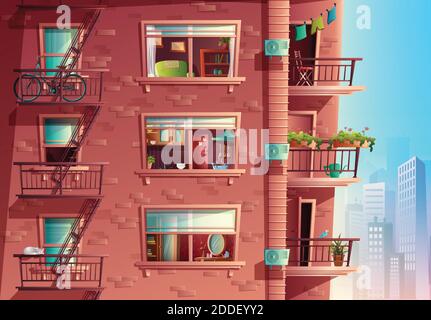 Vector cartoon style of building facade in side view with balconies and skyscrapers on the background. Multi storied building with windows and doors, Stock Vector