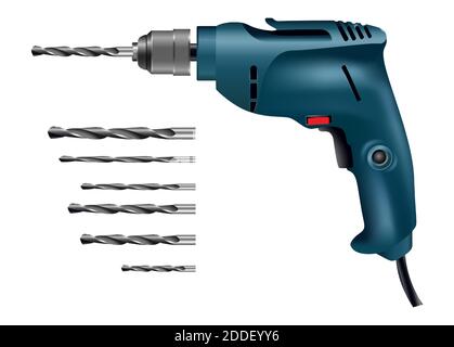 3d realistic vector drill machine with collection of different size drill tools. Stock Vector