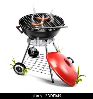 3d realistic vector icon illustration of a grill with sausages and smoke. Isolated on white background. Stock Vector