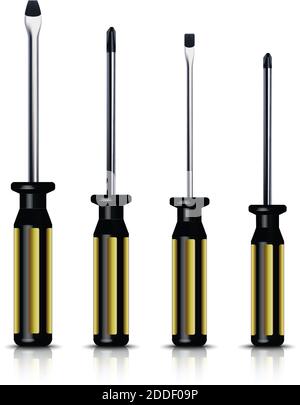 3d realistic set of screw drivers in different sizes. Isolated on white background. Stock Vector