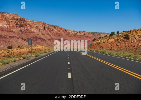 Empty asphalt road. Road in mountains, Travel concept and American roadtrip. Empty asphalt highway. Stock Photo