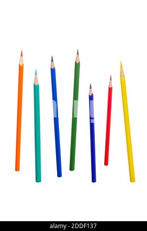 Colourful wooden sharp pencils. Isolated on white backgrounf. Rainbow colors. Several pencils at different angles. Creativity and education. Stock Photo