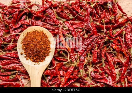 red dried chili pepper and chili flakes on wooden spoon Stock Photo