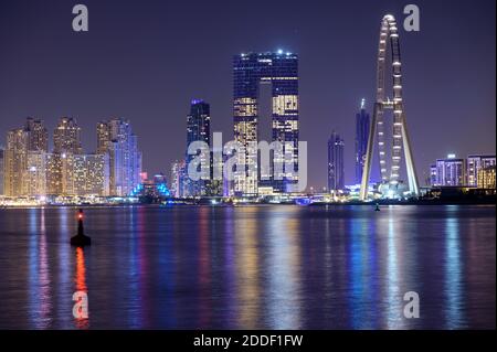 DUBAI, UAE - october 28, 2020. AIN DUBAI , Marina night scene with city lights, luxury new high tech town Dubai. Dubai Marina cityscape, UAE Stock Photo