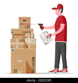 Warehouse worker scanning barcode on cardboard box. Checking bar code of container with scanner. Delivery, logistic and shipping cargo. Flat vector illustration Stock Vector