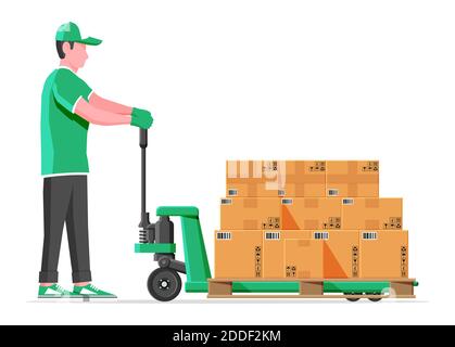Hand pallet truck with cardboard box and mover isolated on white. Pallet jack full of carton boxes. Delivery packaging closed container with fragile signs. Vector illustration in flat style Stock Vector