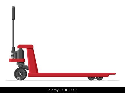 Hand pallet jack lift isolated on white. Empty hand pallet truck. Red cargo cart or forklift. Delivery, logistic and shipping cargo. Flat vector illustration Stock Vector