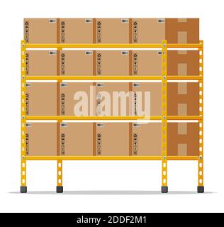 Metallic shelves with carton brown boxes. Goods and container package. Pile cardboard boxes set. Delivery packaging closed box with fragile signs. Vector illustration in flat style Stock Vector