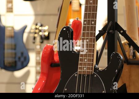 Electric guitars in a musical instrument shop Stock Photo