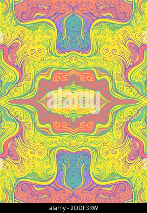 Psychedelic colorful waves kaleidoscope background, hippie style. Stock Vector