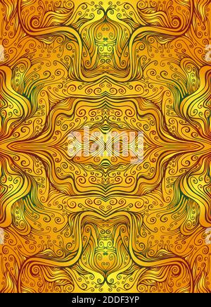 Shamanic psychedelic fractal abstract background with kaleidoscope pattern curls and waves. Stock Vector