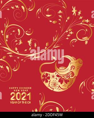 Happy chinese new year 2021 of the ox. Gold zodiac sign, Gold floral for greetings card, invitation, posters, brochure, calendar, flyers, banners Stock Vector