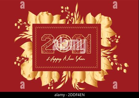 Happy chinese new year 2021 of the ox. Gold zodiac sign, gold floral frame and asian elements background for greetings card, invitation, posters, broc Stock Vector
