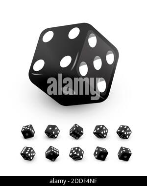 Black dice cubes for gambling set. Casino craps and playing games vector illustration. Poker cubes rolling and throwing, random numbers with dots Stock Vector
