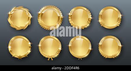 Award golden blank medals 3d realistic illustration. First place medals with laurel leaves. Certified. Quality blank, empty badge, emblem set. Stock Vector