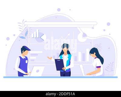Business poeple character in office. Sitting at the board meeting table discussing company data in the office. Brain Storm Team Project, Teamwork Proc Stock Vector