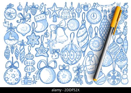 Christmas decorations doodle set. Collection of different hanging xmas coniferous tree toys decorative balls isolated on white background. New Year symbol holiday celebration illustration. Stock Vector