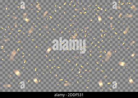 Gold confetti falling on transparent background. Birthday party or Christmas celebration event vector illustration. Realistic shiny golden paper Stock Vector