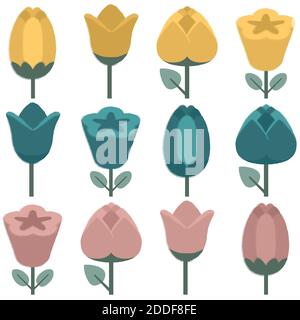 Set of flowers drawn with grain and noise texture. Stock Vector