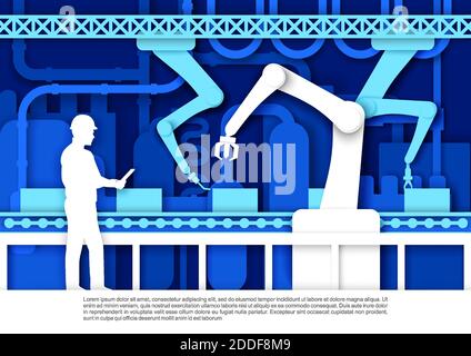 Automatic production conveyor belt, factory worker, engineer. Vector illustration in paper art style. Stock Vector