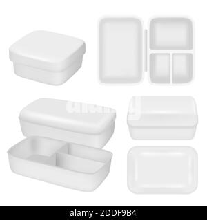 White empty plastic lunch box vector realistic mock up set Stock Vector