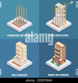 Apartment construction vector flat isometric poster, banner set Stock Vector