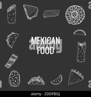 Vector hand drawn of mexican food. A set of mexican dishes with burritos, quesadillas, empanadas, tacos, tamales, nachos. Design sketch for menu cafe, Stock Vector