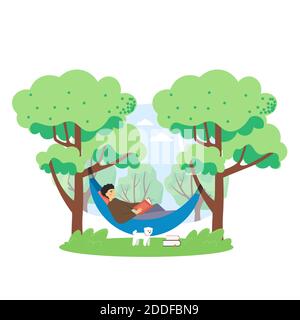 Summer bbq scene. Man lying in hammock and reading book in the park, flat vector illustration. Stock Vector