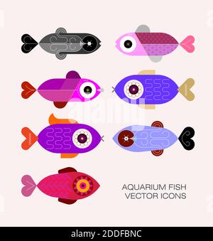 Set of Aquarium Exotic Fish vector icons. Colored flat design elements isolated on a light background. Stock Vector