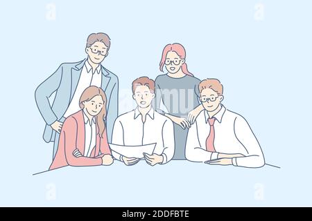 Business team, collaboration, partnership concept. Business collaboration of young businessmen women partners. Group of creative businesspeople clerks Stock Vector