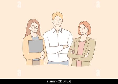 Business, team, collaboration, partnership concept. Group of young business people partners clerks managers colleagues employees businessman and women Stock Vector