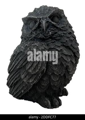 Black decorative owl figure made of clay isolated on white background. Symbol of science, wisdom, mind, mindfulness, thinking, clever, calm, silent Stock Photo