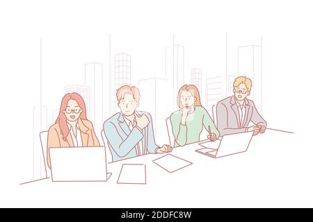 Business team, meeting, presentation, hr, partnership concept. Business meeting of young businessmen women partners. Group of creative businesspeople Stock Vector