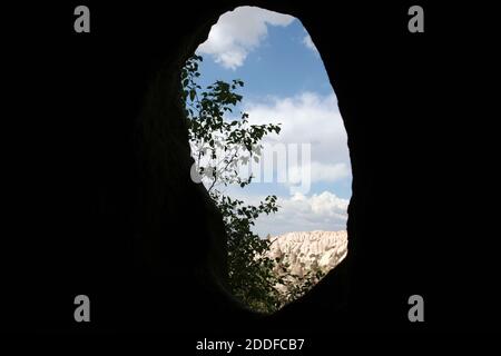 View from inside a cave opening, from darkness to light. Coming back to life. New beginnings. Isolation from life. Beautiful nature scene of fairy chi Stock Photo